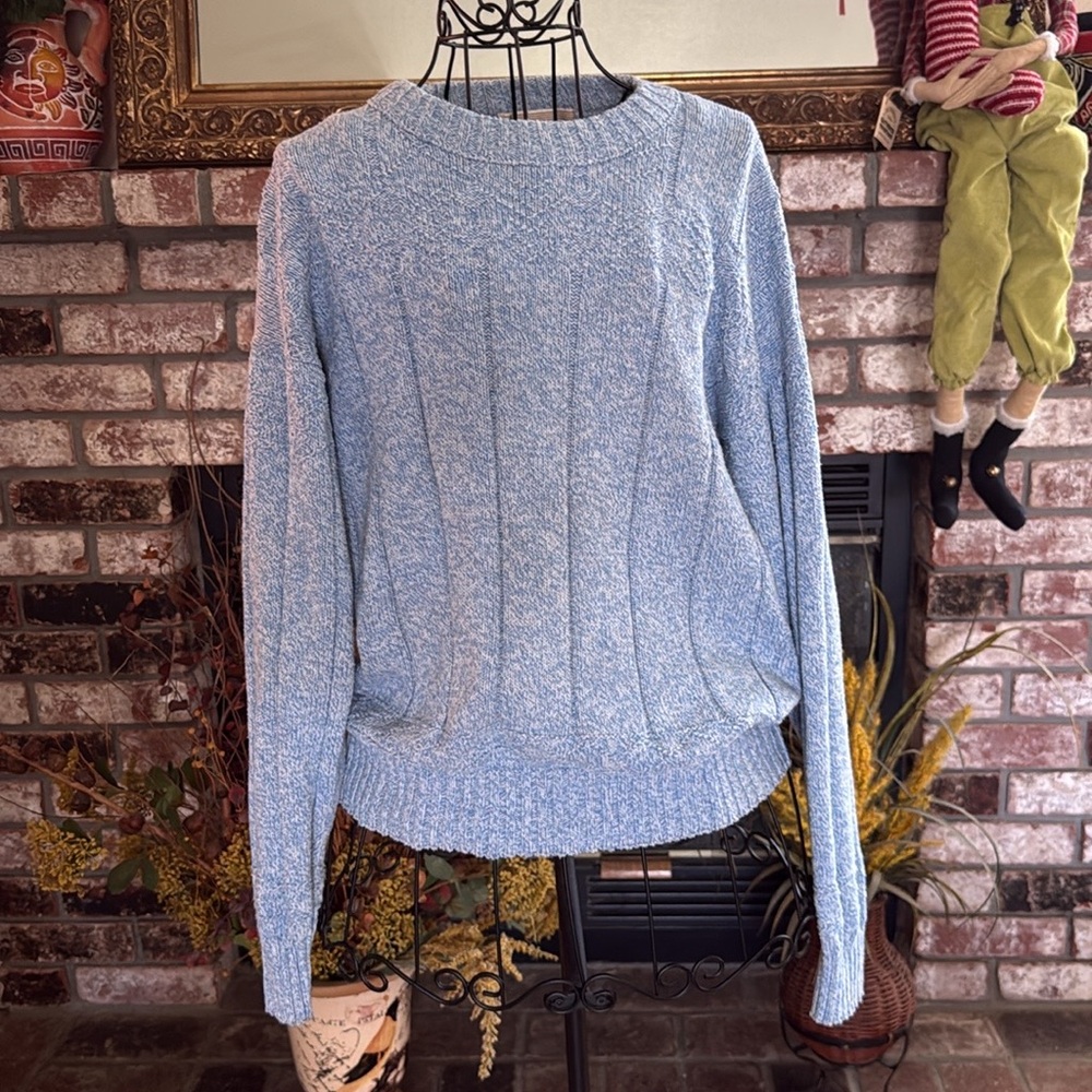 Vintage 80s London Fog Light Blue Long Sleeve Thick Cable-Knit Pullover Sweater